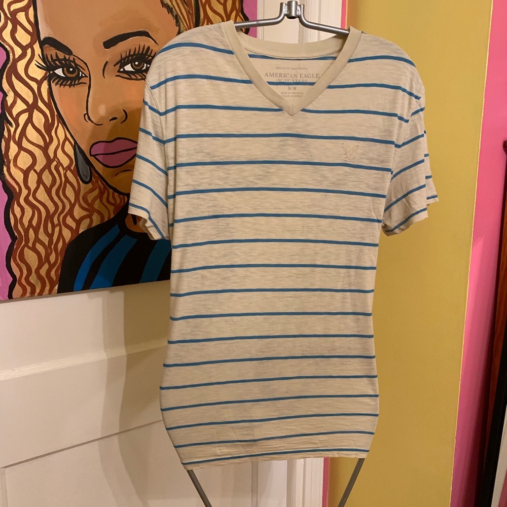 American eagle blue and cream striped shirt